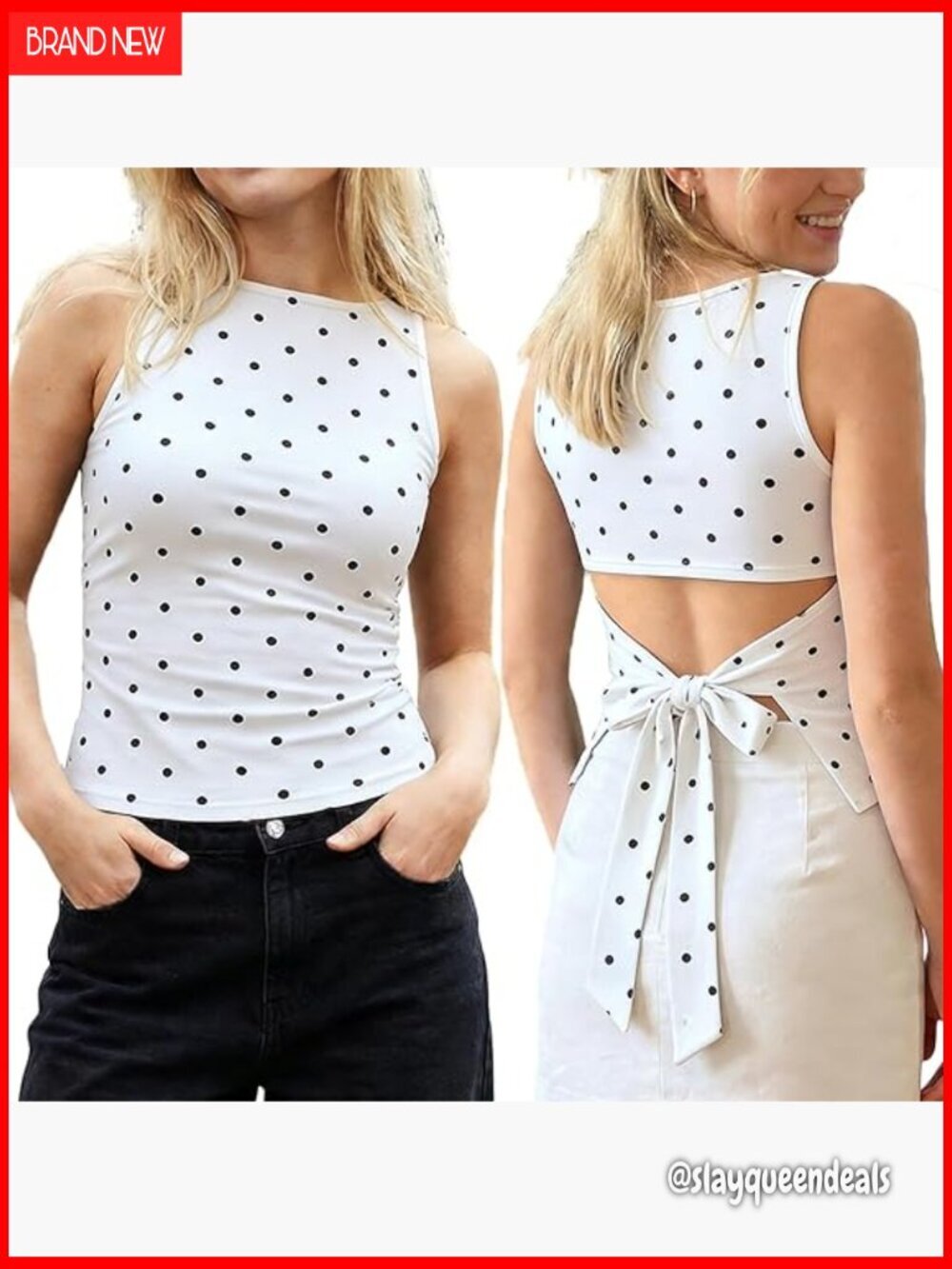 Polka Dot Tank Top Boat Neck Tie Back Ruched Slim Fitted Vintage Aesthetic